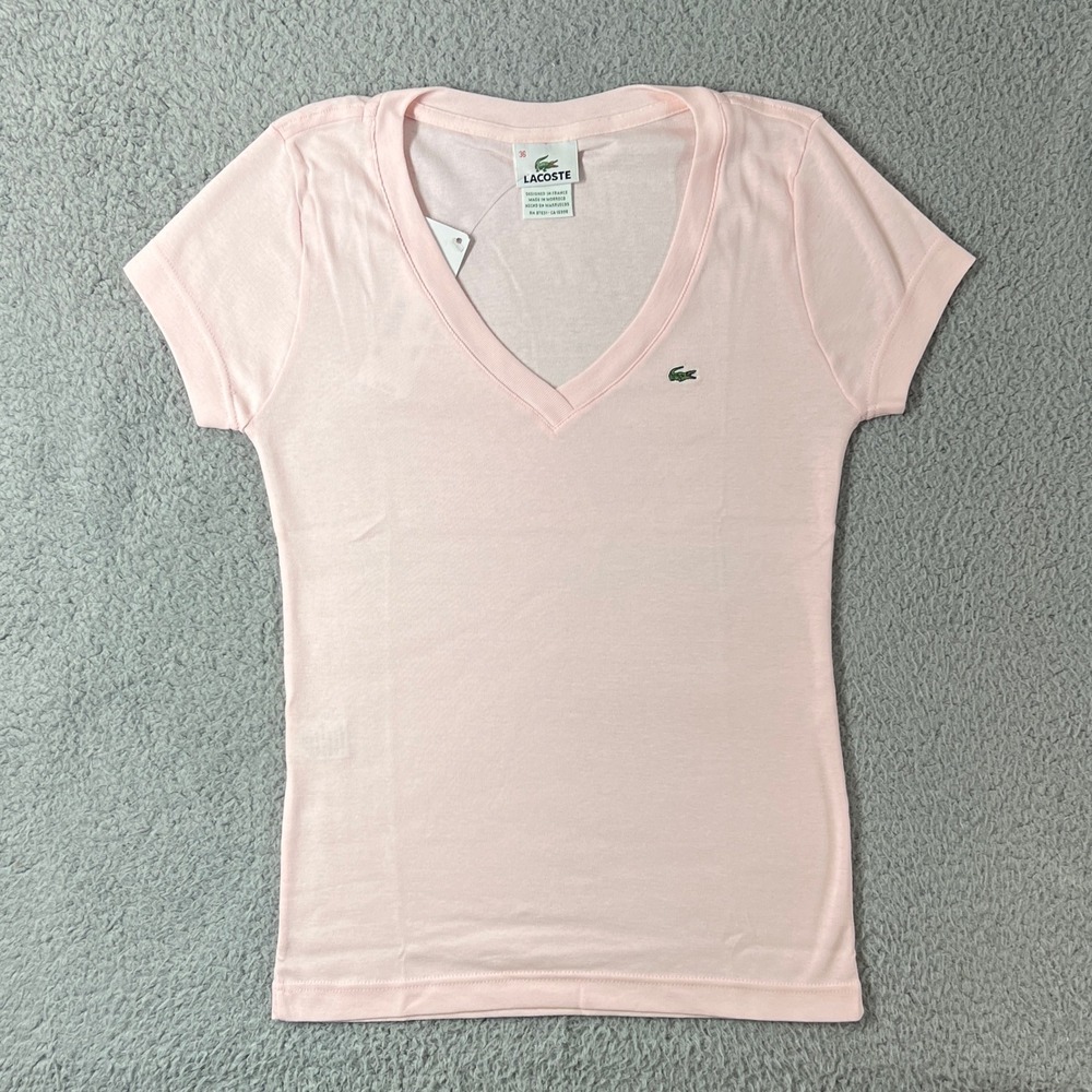 Lacoste V-Neck T-Shirt Women US Size S (EU/4) Pink Cotton Short Sleeve Logo NWT